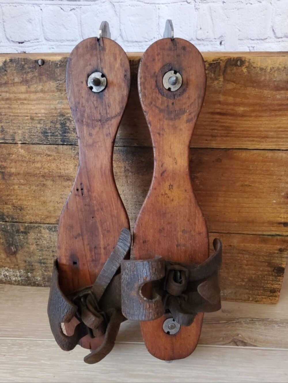 Vintage/ Antique Rustic Wooden Ice Skates with Leather Straps Union Hardware - Picture 8 of 12
